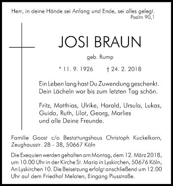 Anzeige von Josi Braun von Kölner Stadt-Anzeiger / Kölnische Rundschau / Express