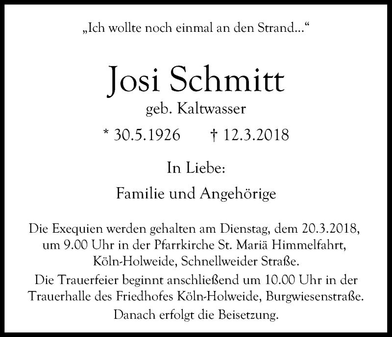  Traueranzeige für Josi Schmitt vom 17.03.2018 aus Kölner Stadt-Anzeiger / Kölnische Rundschau / Express