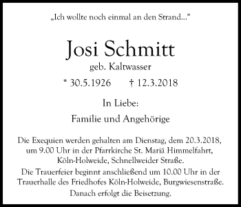 Anzeige von Josi Schmitt von Kölner Stadt-Anzeiger / Kölnische Rundschau / Express