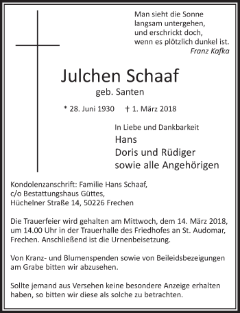 Anzeige von Julchen Schaaf von  Sonntags-Post 