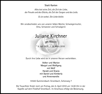 Anzeige von Juliane Kirchner von Kölner Stadt-Anzeiger / Kölnische Rundschau / Express