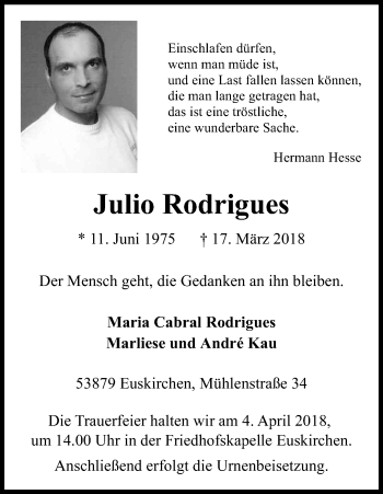 Anzeige von Julio Rodrigues von Kölner Stadt-Anzeiger / Kölnische Rundschau / Express