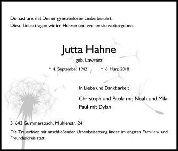 Anzeige von Jutta Hahne von Kölner Stadt-Anzeiger / Kölnische Rundschau / Express