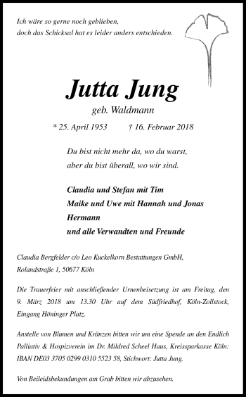 Anzeige von Jutta Jung von Kölner Stadt-Anzeiger / Kölnische Rundschau / Express