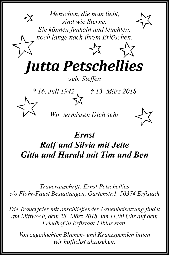  Traueranzeige für Jutta Petschellies vom 21.03.2018 aus Kölner Stadt-Anzeiger / Kölnische Rundschau / Express