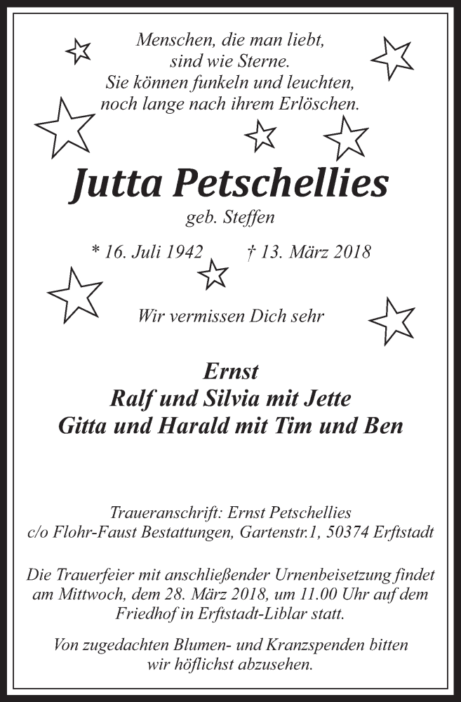  Traueranzeige für Jutta Petschellies vom 21.03.2018 aus  Werbepost 