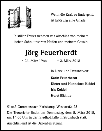 Anzeige von Jörg Feuerherdt von Kölner Stadt-Anzeiger / Kölnische Rundschau / Express