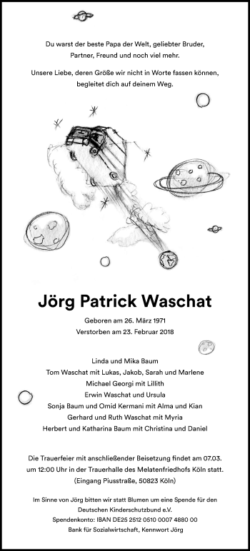 Anzeige von Jörg Patrick Waschat von Kölner Stadt-Anzeiger / Kölnische Rundschau / Express