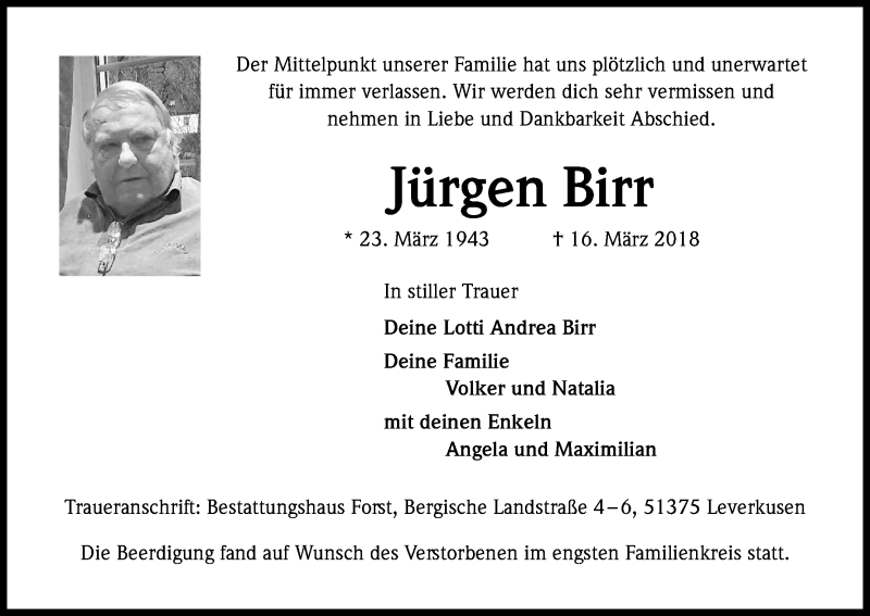  Traueranzeige für Jürgen Birr vom 24.03.2018 aus Kölner Stadt-Anzeiger / Kölnische Rundschau / Express