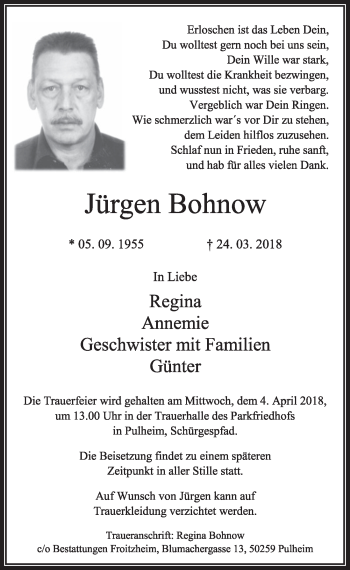 Anzeige von Jürgen Bohnow von  Sonntags-Post 
