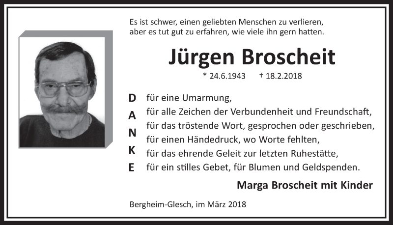  Traueranzeige für Jürgen Broscheit vom 24.03.2018 aus  Sonntags-Post 