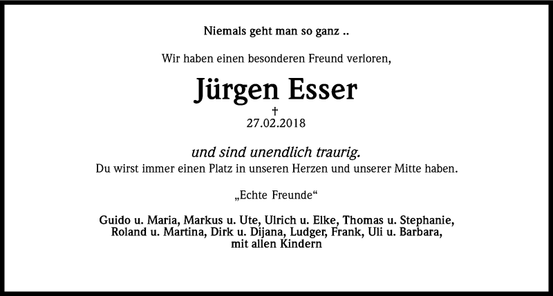  Traueranzeige für Jürgen Esser vom 10.03.2018 aus Kölner Stadt-Anzeiger / Kölnische Rundschau / Express