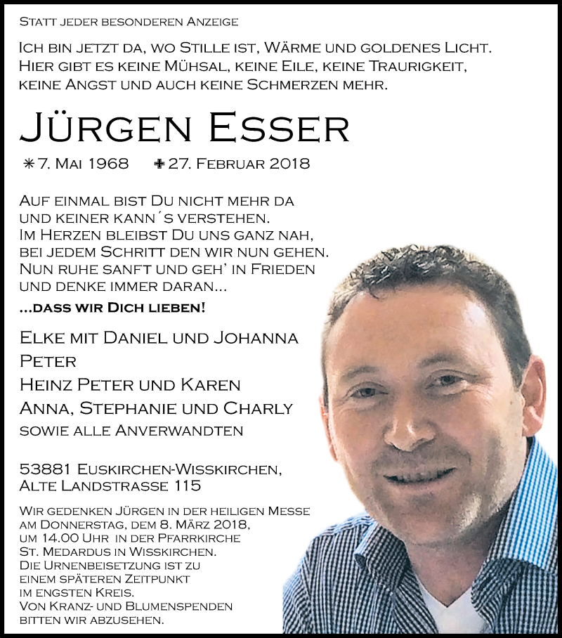  Traueranzeige für Jürgen Esser vom 03.03.2018 aus Kölner Stadt-Anzeiger / Kölnische Rundschau / Express