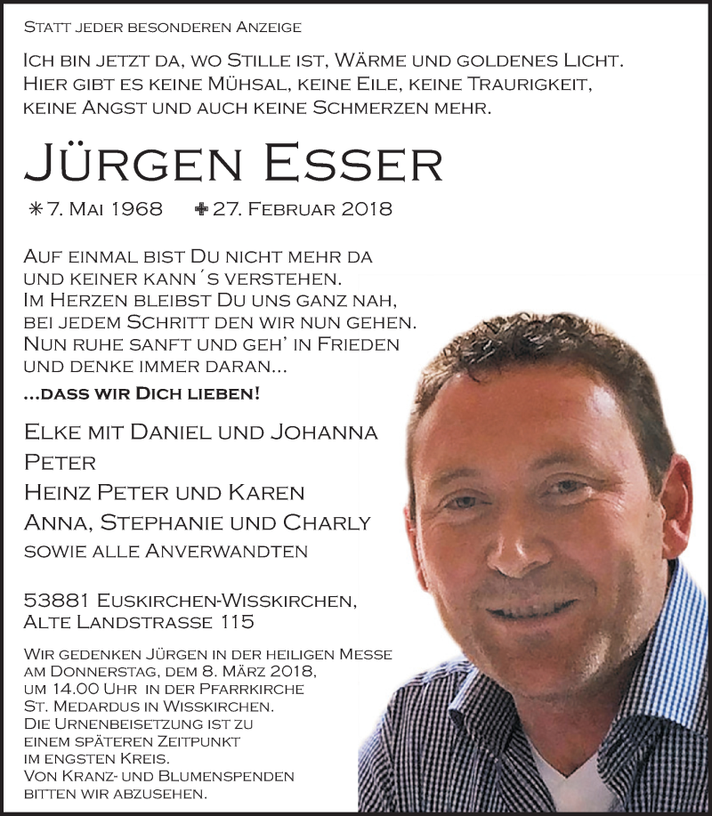  Traueranzeige für Jürgen Esser vom 03.03.2018 aus  Blickpunkt Euskirchen 