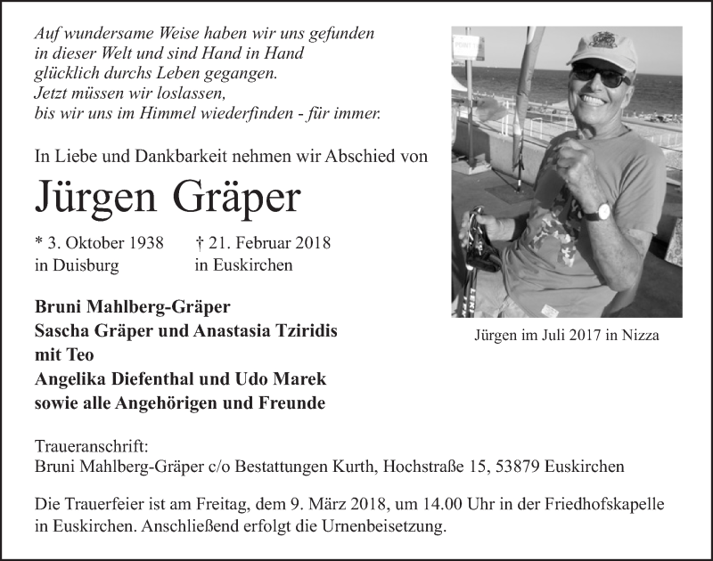  Traueranzeige für Jürgen Gräper vom 03.03.2018 aus  Blickpunkt Euskirchen 