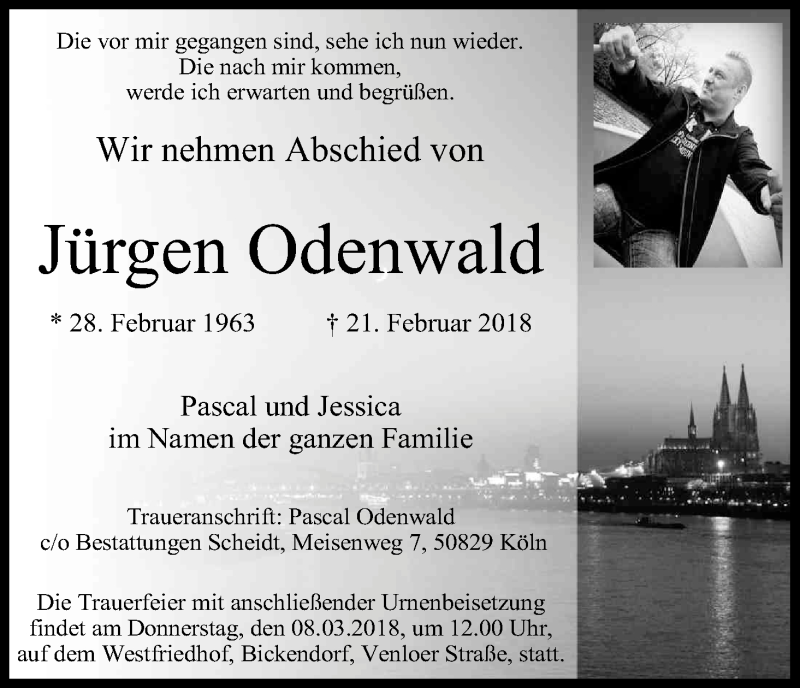  Traueranzeige für Jürgen Odenwald vom 03.03.2018 aus Kölner Stadt-Anzeiger / Kölnische Rundschau / Express