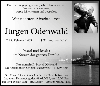 Anzeige von Jürgen Odenwald von Kölner Stadt-Anzeiger / Kölnische Rundschau / Express