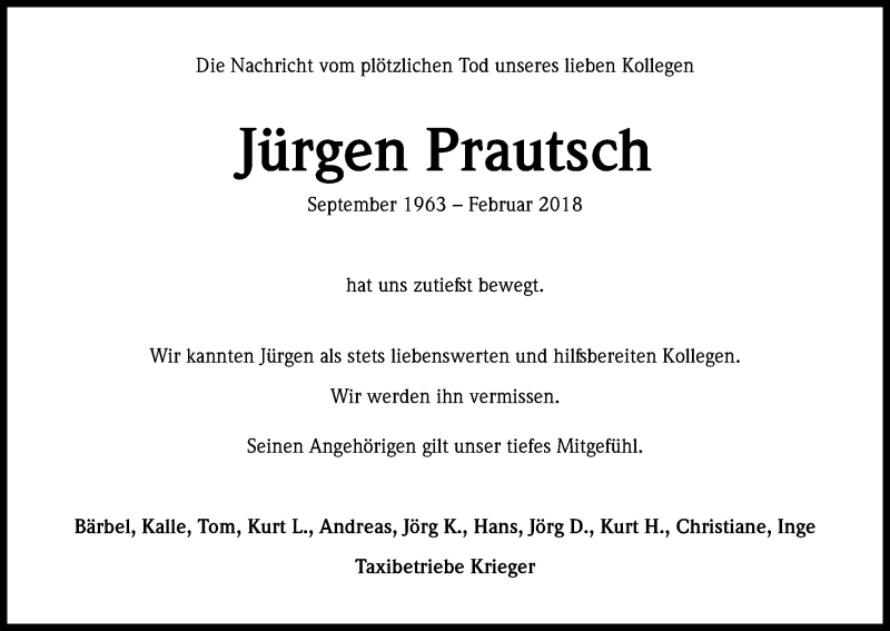  Traueranzeige für Jürgen Prautsch vom 03.03.2018 aus Kölner Stadt-Anzeiger / Kölnische Rundschau / Express