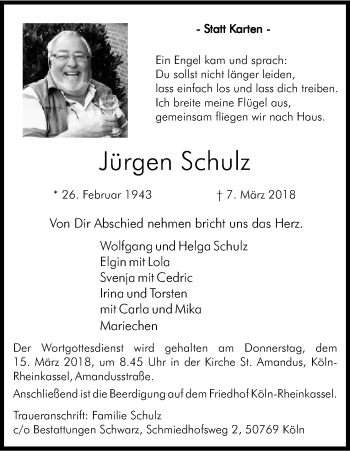 Anzeige von Jürgen Schulz von Kölner Stadt-Anzeiger / Kölnische Rundschau / Express