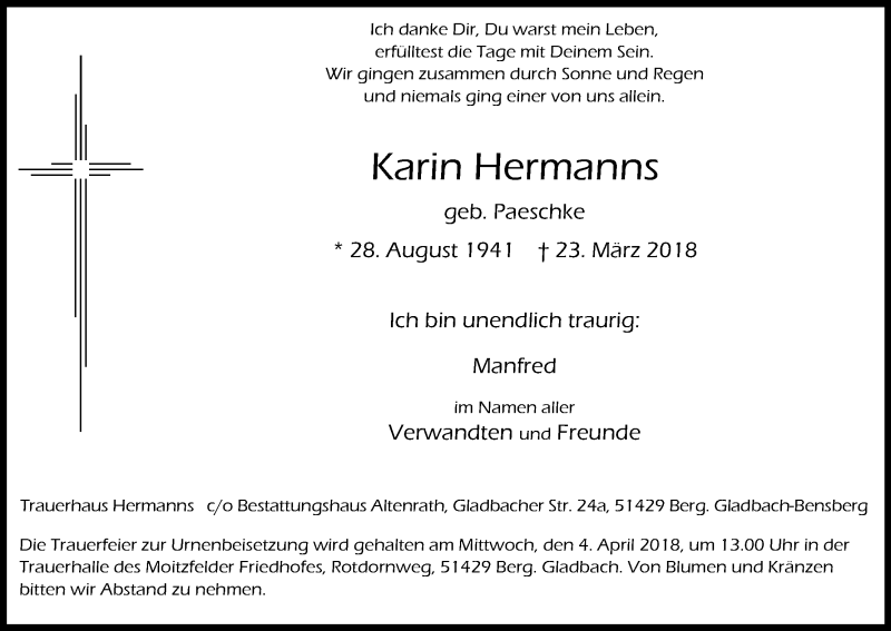  Traueranzeige für Karin Hermanns vom 28.03.2018 aus Kölner Stadt-Anzeiger / Kölnische Rundschau / Express