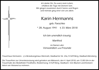 Anzeige von Karin Hermanns von Kölner Stadt-Anzeiger / Kölnische Rundschau / Express