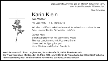 Anzeige von Karin Klein von Kölner Stadt-Anzeiger / Kölnische Rundschau / Express