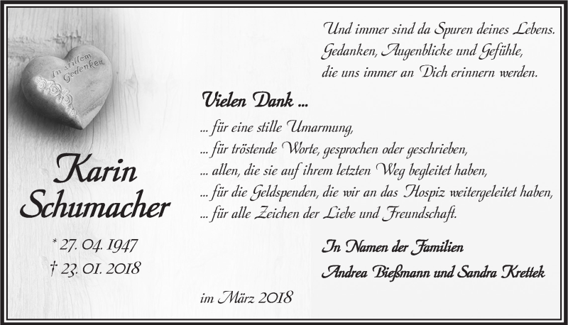  Traueranzeige für Karin Schumacher vom 14.03.2018 aus  Anzeigen Echo 