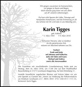 Anzeige von Karin Tigges von Kölner Stadt-Anzeiger / Kölnische Rundschau / Express