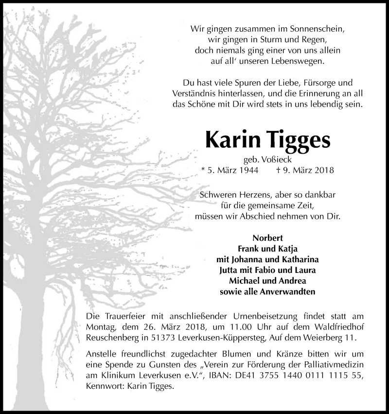  Traueranzeige für Karin Tigges vom 21.03.2018 aus Kölner Stadt-Anzeiger / Kölnische Rundschau / Express