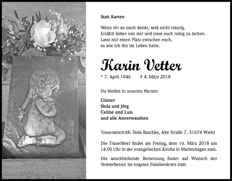  Traueranzeige für Karin Vetter vom 14.03.2018 aus Kölner Stadt-Anzeiger / Kölnische Rundschau / Express