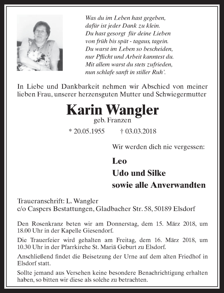  Traueranzeige für Karin Wangler vom 14.03.2018 aus  Werbepost 