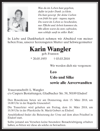 Anzeige von Karin Wangler von  Werbepost 