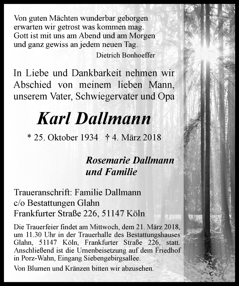  Traueranzeige für Karl Dallmann vom 07.03.2018 aus  Kölner Wochenspiegel 