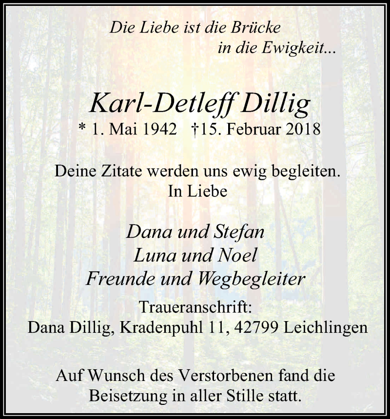  Traueranzeige für Karl-Detleff Dillig vom 10.03.2018 aus Kölner Stadt-Anzeiger / Kölnische Rundschau / Express