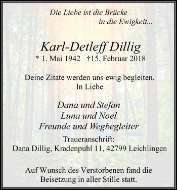 Anzeige von Karl-Detleff Dillig von Kölner Stadt-Anzeiger / Kölnische Rundschau / Express