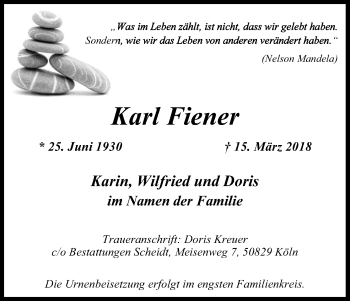Anzeige von Karl Fiener von Kölner Stadt-Anzeiger / Kölnische Rundschau / Express