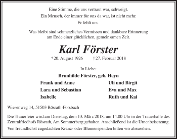 Anzeige von Karl Förster von  Kölner Wochenspiegel 