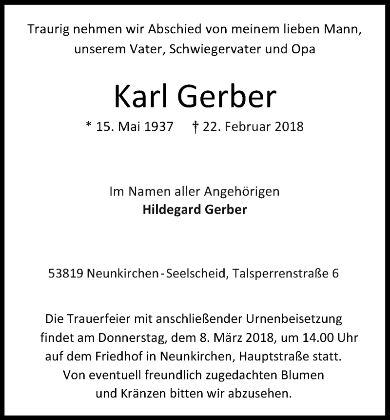  Traueranzeige für Karl Gerber vom 06.03.2018 aus Kölner Stadt-Anzeiger / Kölnische Rundschau / Express