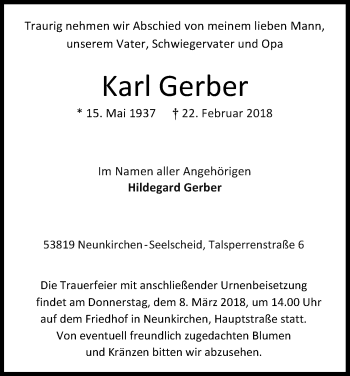 Anzeige von Karl Gerber von Kölner Stadt-Anzeiger / Kölnische Rundschau / Express