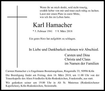 Anzeige von Karl Hamacher von Kölner Stadt-Anzeiger / Kölnische Rundschau / Express