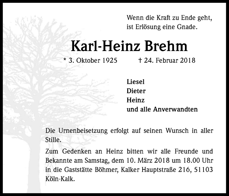  Traueranzeige für Karl-Heinz Brehm vom 07.03.2018 aus Kölner Stadt-Anzeiger / Kölnische Rundschau / Express