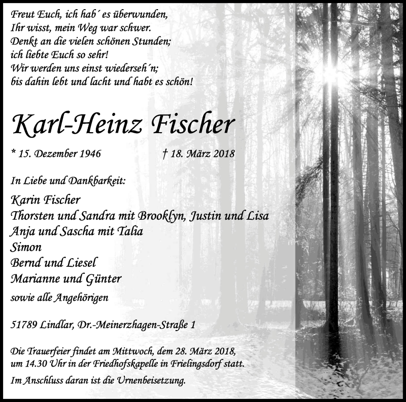  Traueranzeige für Karl-Heinz Fischer vom 24.03.2018 aus Kölner Stadt-Anzeiger / Kölnische Rundschau / Express