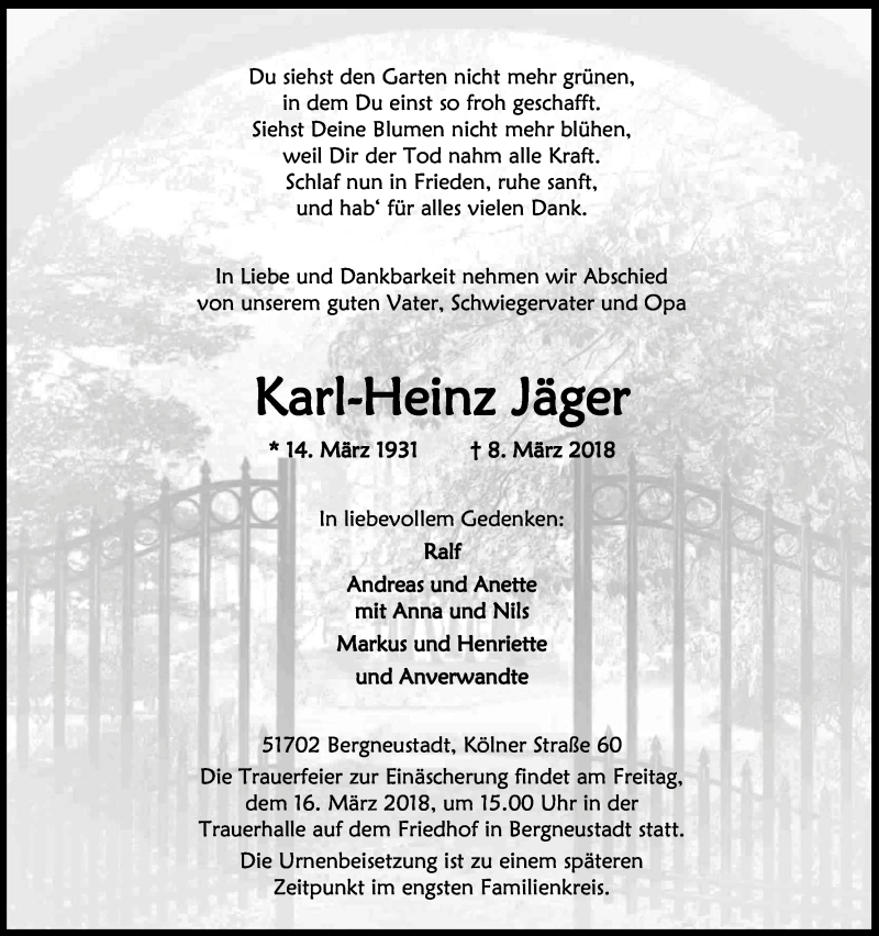  Traueranzeige für Karl-Heinz Jäger vom 13.03.2018 aus Kölner Stadt-Anzeiger / Kölnische Rundschau / Express