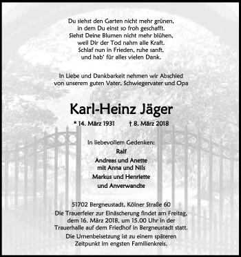 Anzeige von Karl-Heinz Jäger von Kölner Stadt-Anzeiger / Kölnische Rundschau / Express