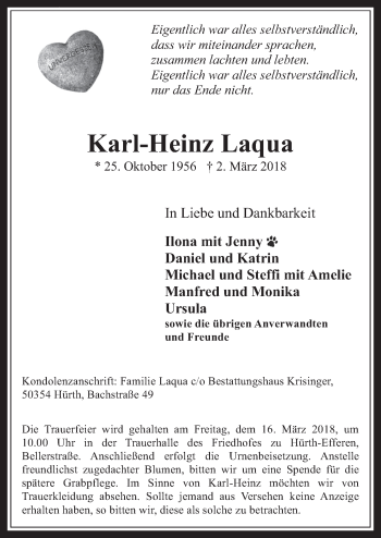 Anzeige von Karl-Heinz Laqua von  Wochenende 
