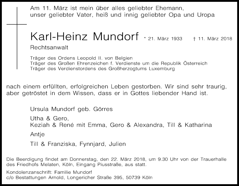  Traueranzeige für Karl-Heinz Mundorf vom 17.03.2018 aus Kölner Stadt-Anzeiger / Kölnische Rundschau / Express