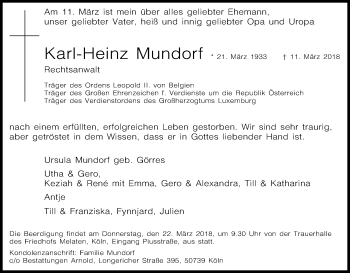 Anzeige von Karl-Heinz Mundorf von Kölner Stadt-Anzeiger / Kölnische Rundschau / Express