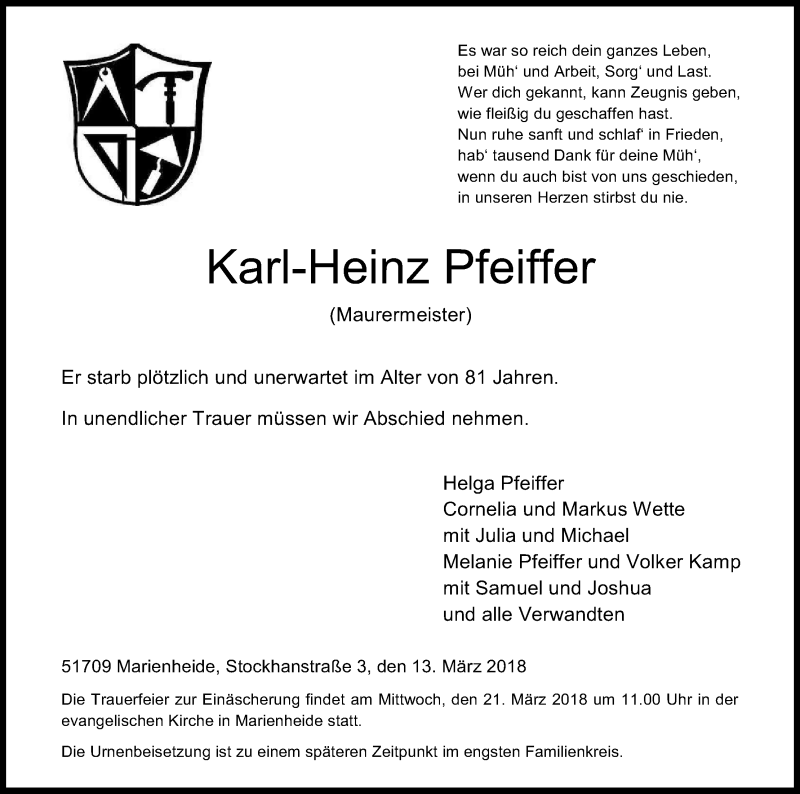  Traueranzeige für Karl-Heinz Pfeiffer vom 17.03.2018 aus Kölner Stadt-Anzeiger / Kölnische Rundschau / Express
