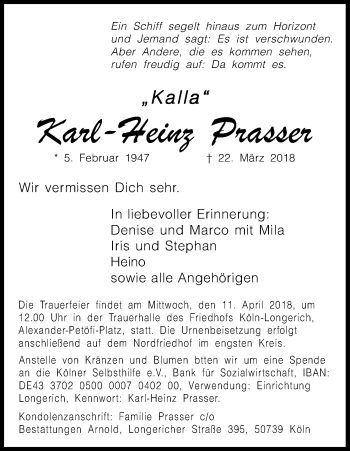 Anzeige von Karl-Heinz Prasser von Kölner Stadt-Anzeiger / Kölnische Rundschau / Express