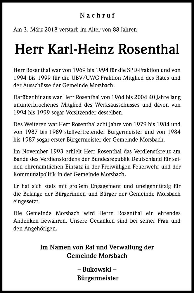  Traueranzeige für Karl-Heinz Rosenthal vom 10.03.2018 aus Kölner Stadt-Anzeiger / Kölnische Rundschau / Express